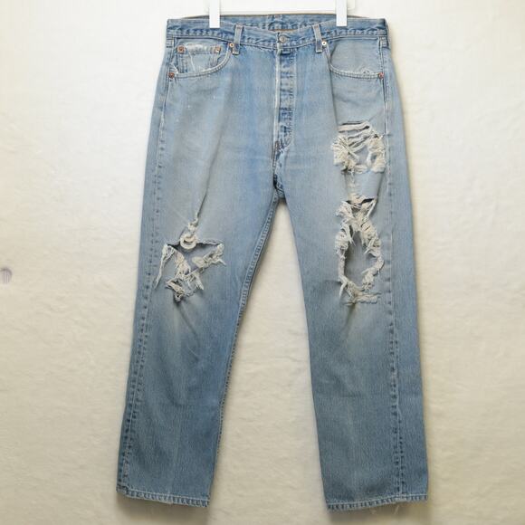 VTG LEVIS 501 Made In USA Distressed Thrashed Rigid Denim Jeans Grunge Sz 38x29 - Picture 1 of 11